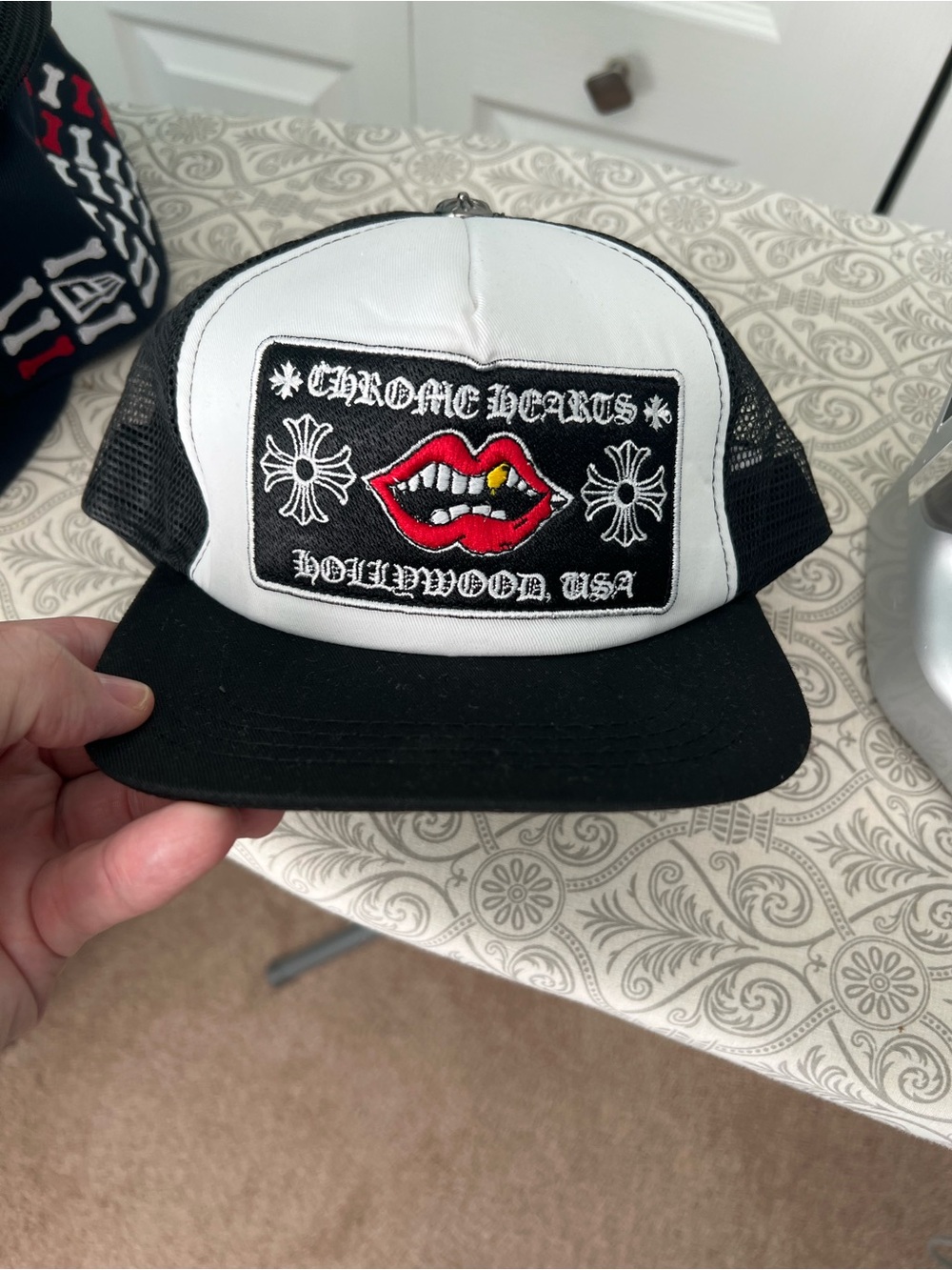 Chrome Hearts Black & White Trucker Hat with Red Lips Patch